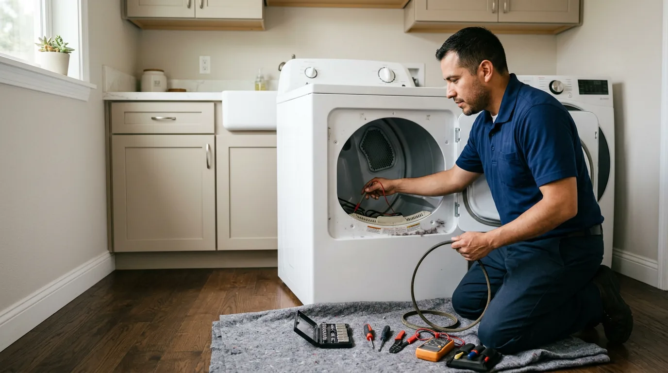 Top Appliance Repair technician performing dryer repair in a Bay Area home