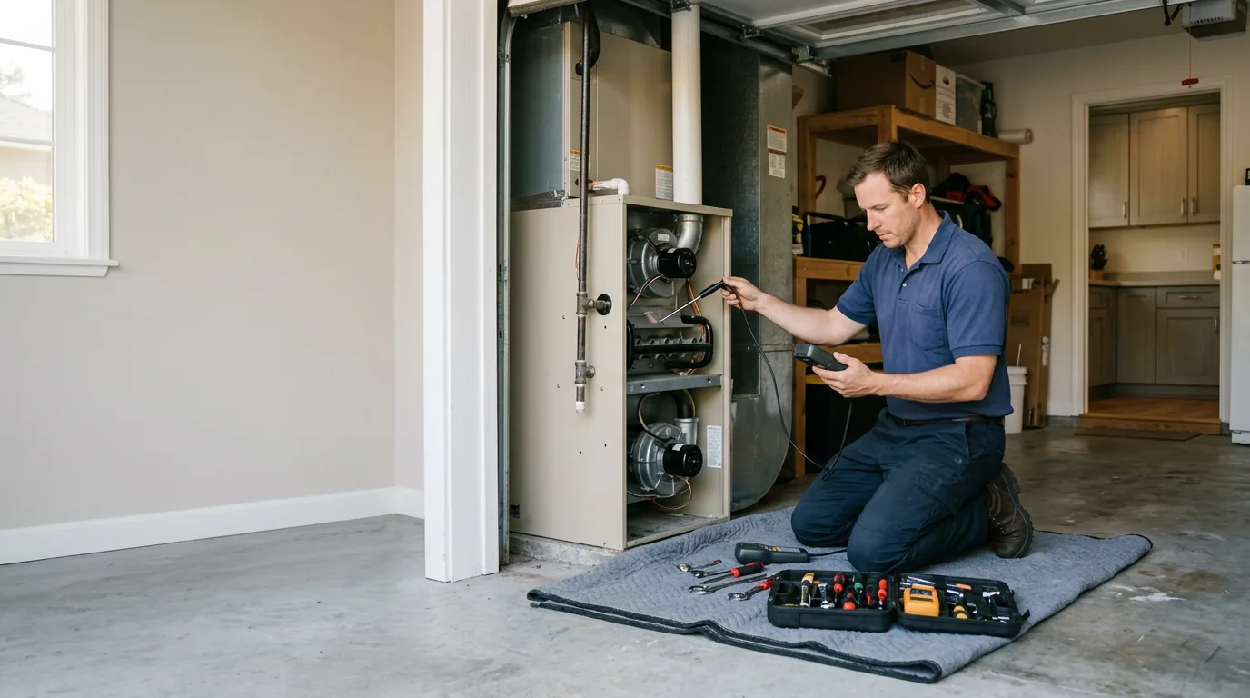 Top Appliance Repair technician performing gas furnace repair in a Bay Area home