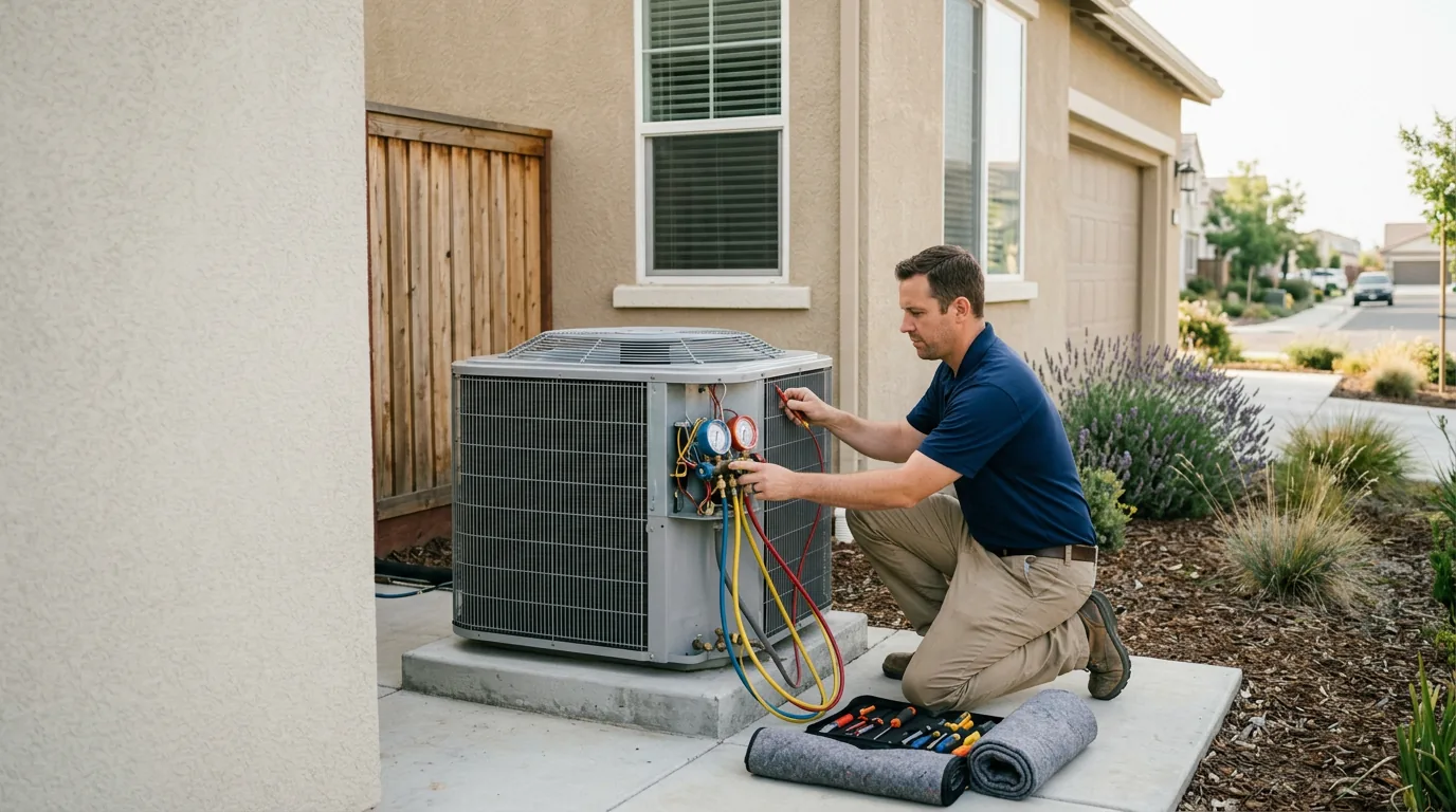 Top Appliance Repair technician performing heat pump repair in a Bay Area home