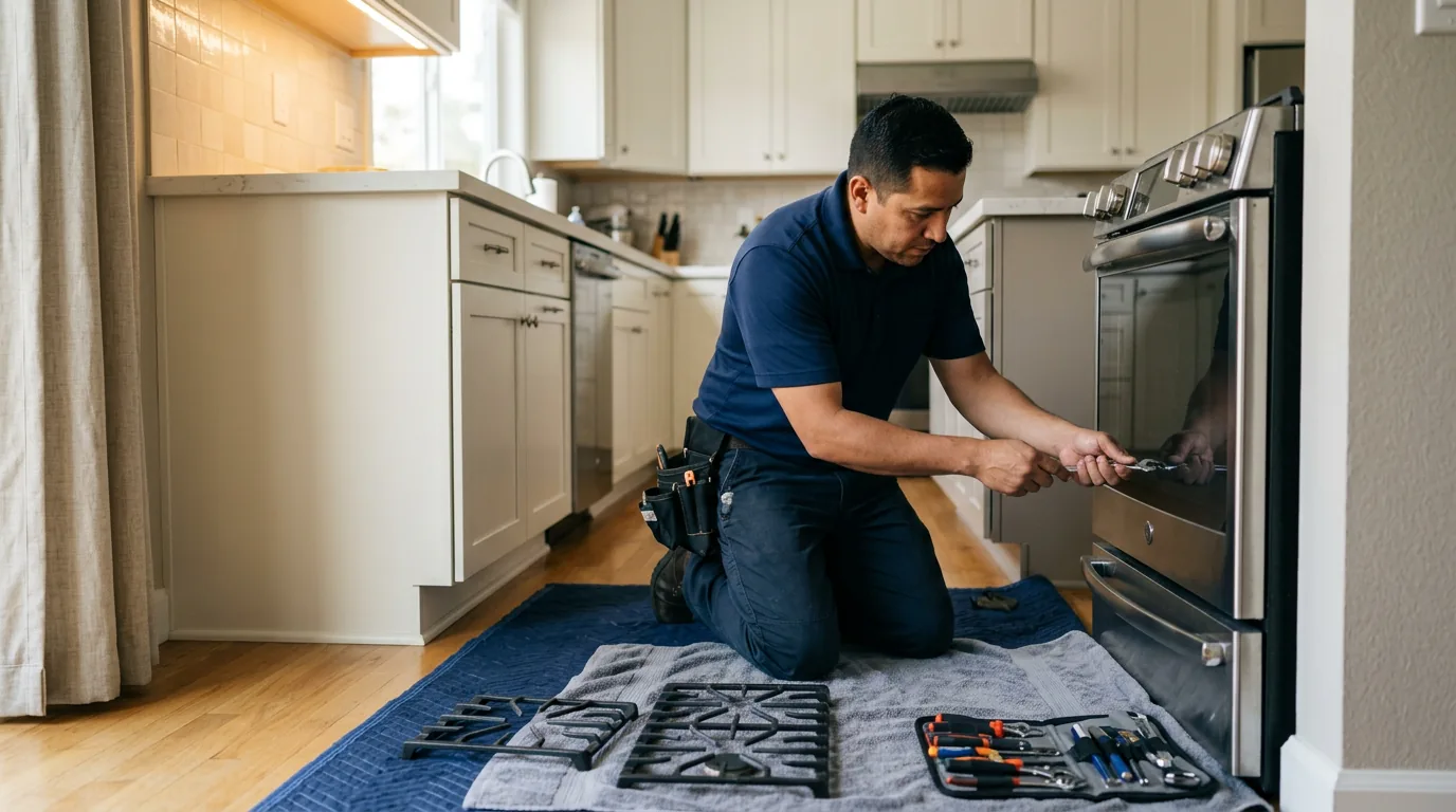 Top Appliance Repair technician performing range & stove repair in a Bay Area home