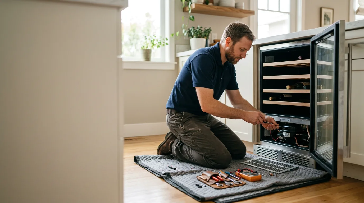 Top Appliance Repair technician performing wine cooler repair in a Bay Area home