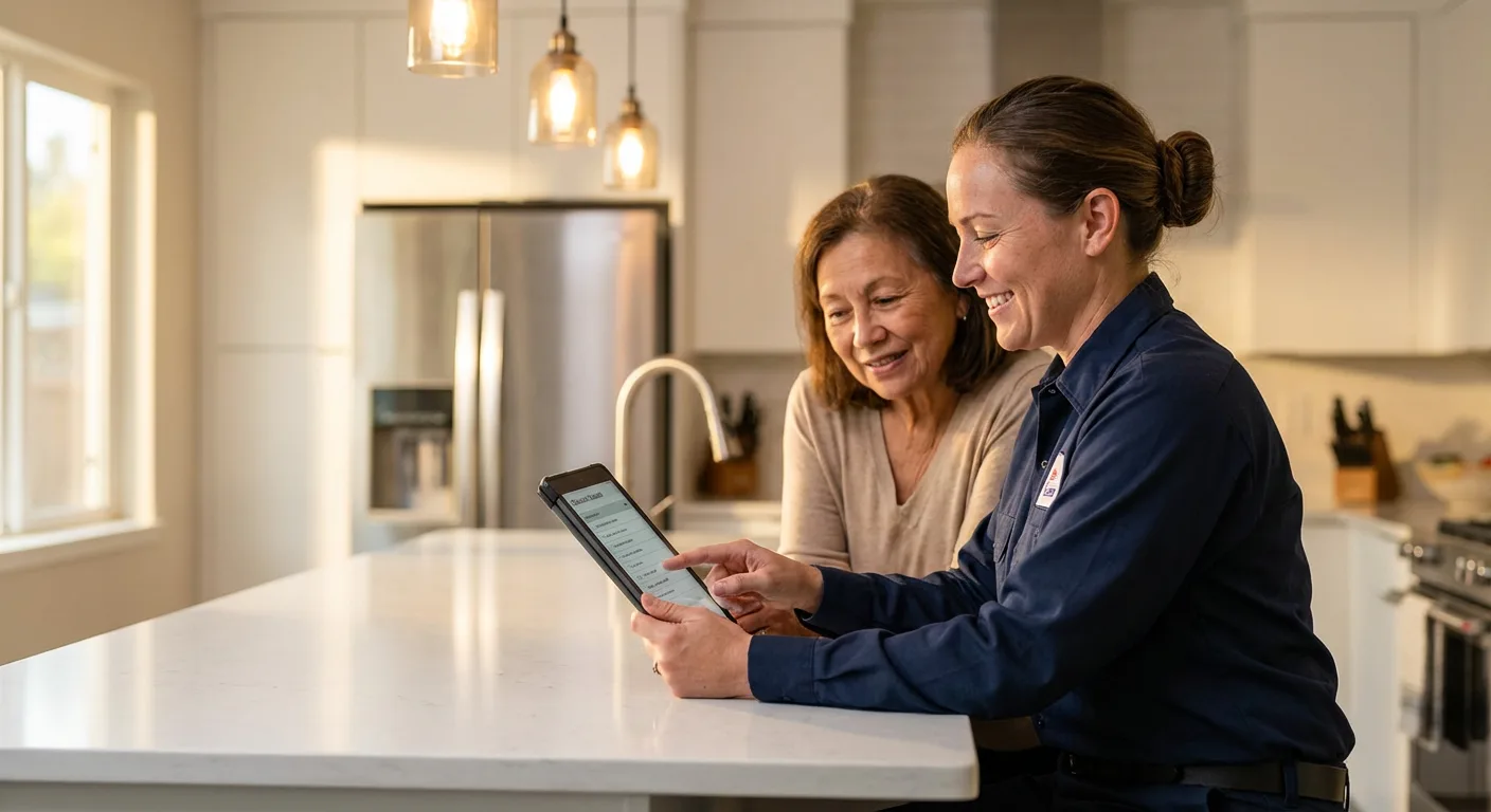 Cooktop Repair technician consulting homeowner in Cupertino kitchen